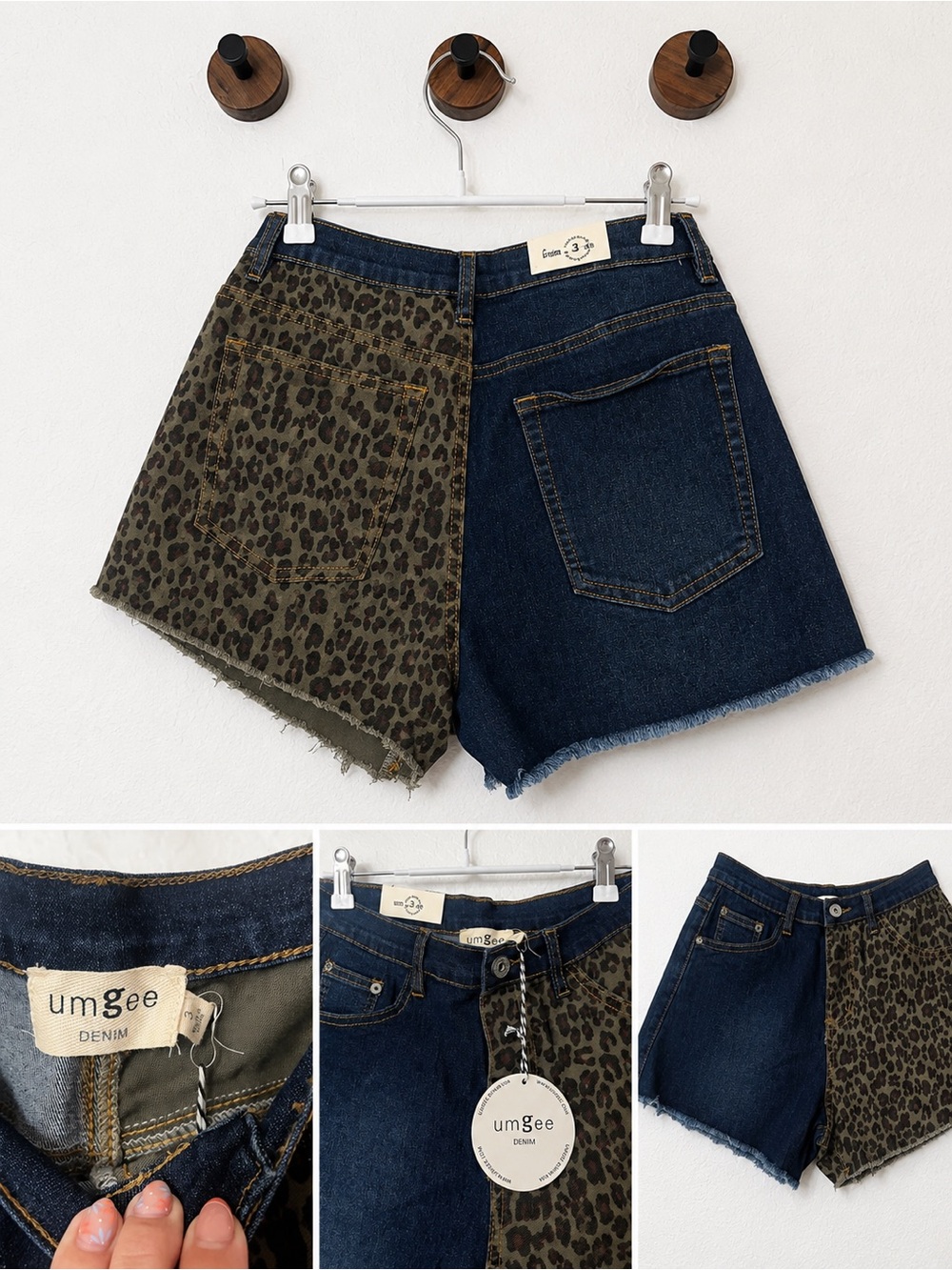 NWT Umgee Olive Leopard & Dark Blue Two-Tone Denim Shorts 3